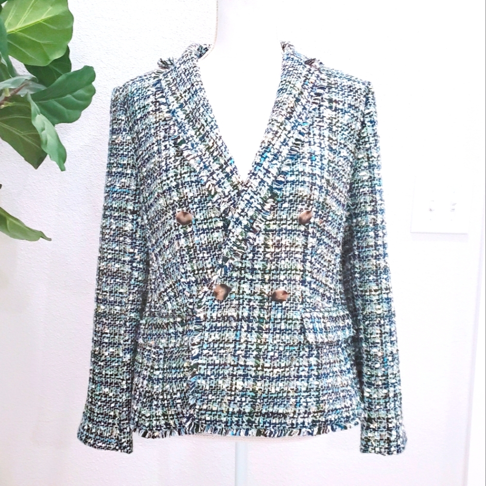 Ann Taylor Double Breasted Blue Tweed Shimmer Blazer Size Medium Petite NWT